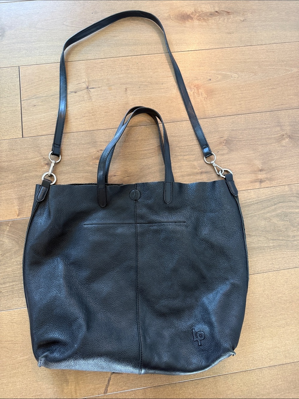 Linea Pelle Black Leather Shoulder Tote with Removable Crossbody Strap